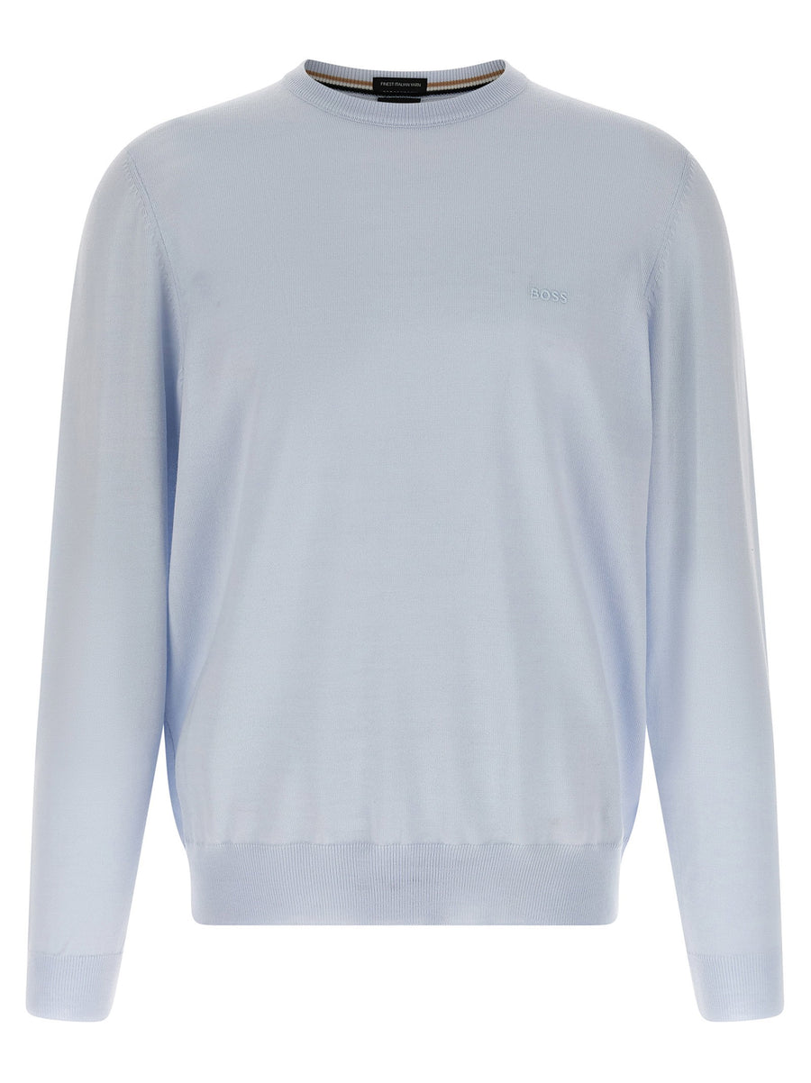 Hugo Boss Botto Mens Premium Virgin Wool Crewneck Sweater Light Blue Knit Front Logo Embroidery