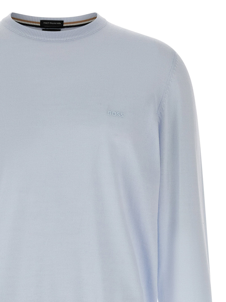 Hugo Boss Botto Mens Premium Virgin Wool Crewneck Sweater Light Blue Knit Front Logo Embroidery