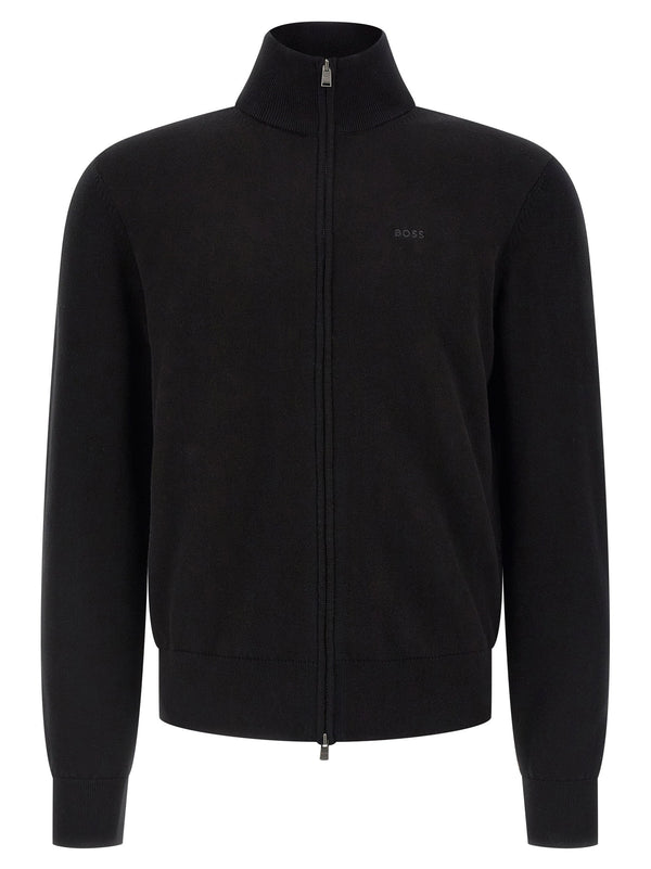 Hugo Boss Upalano Black Cotton Knit Cardigan With Logo Embroidery Front Zip