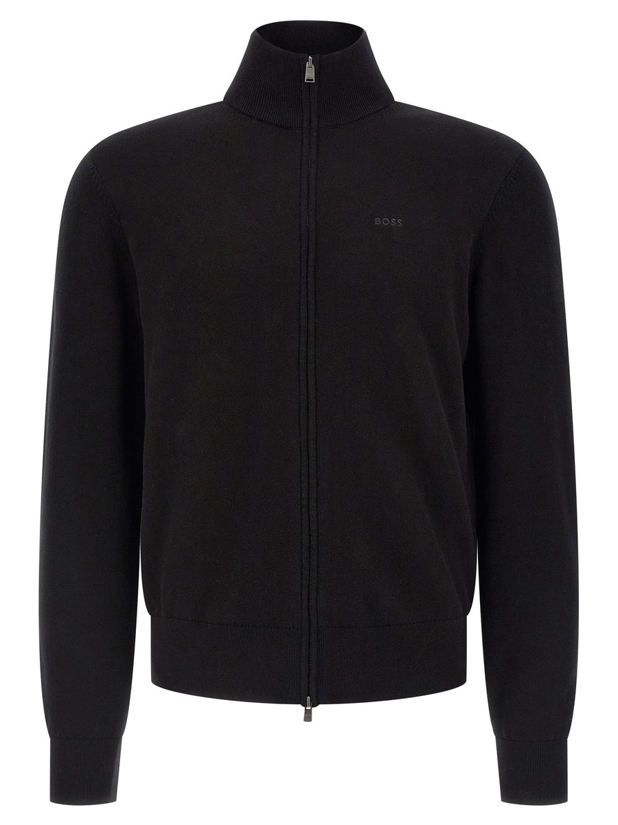 Hugo Boss Upalano Black Cotton Knit Cardigan With Logo Embroidery Front Zip