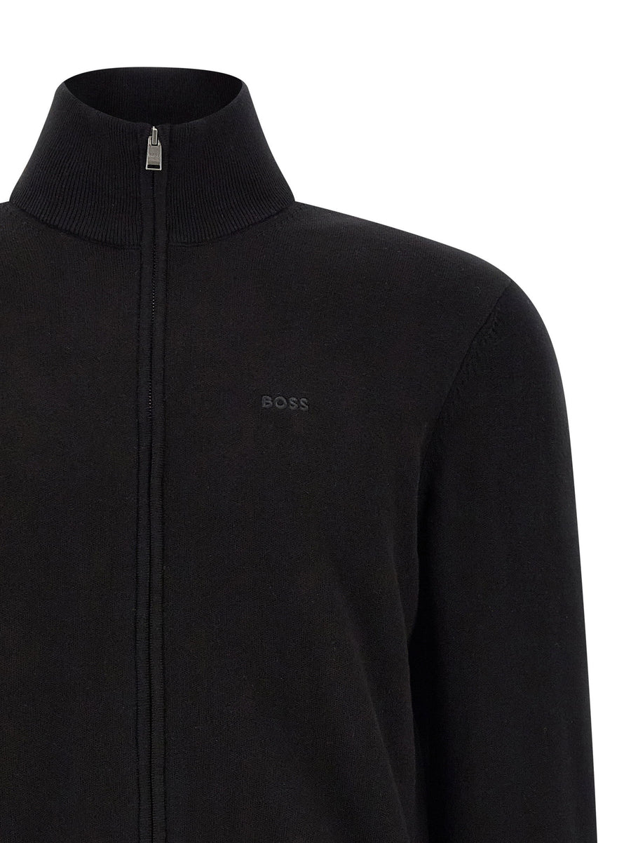 Hugo Boss Upalano Black Cotton Knit Cardigan With Logo Embroidery Front Zip