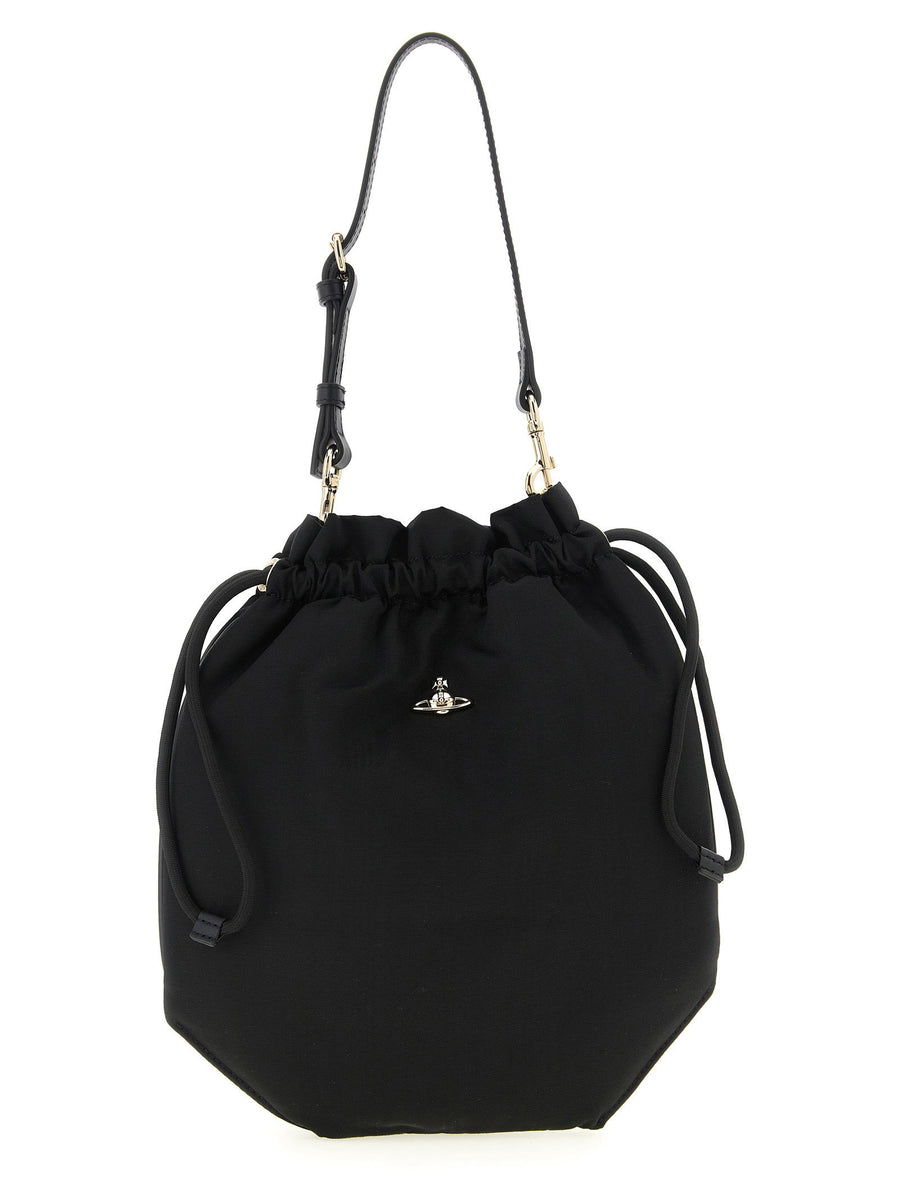 Vivienne Westwood Moire Drawstring Pouch Handbag For Women With Front Orb Logo And Adjustable Removable Handle
