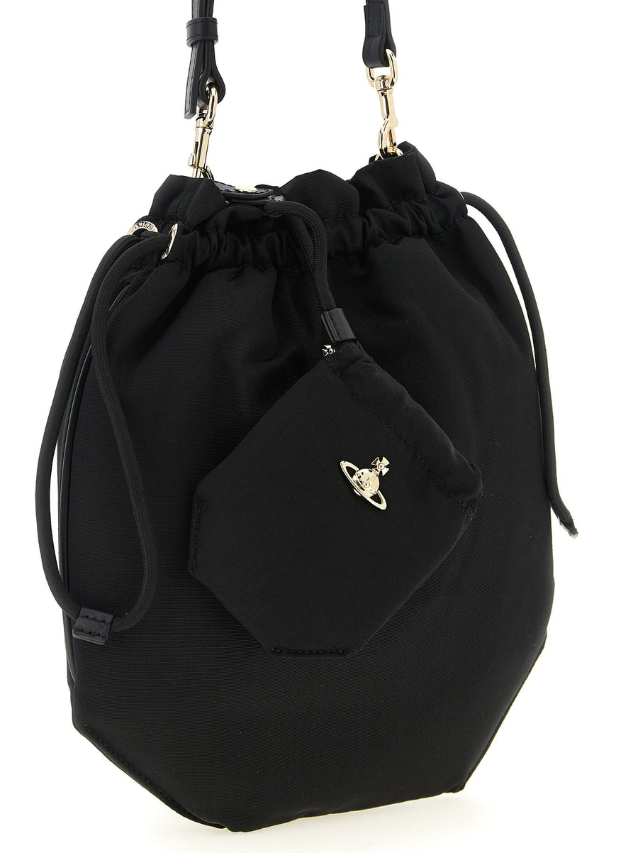 Vivienne Westwood Moire Drawstring Pouch Handbag For Women With Front Orb Logo And Adjustable Removable Handle