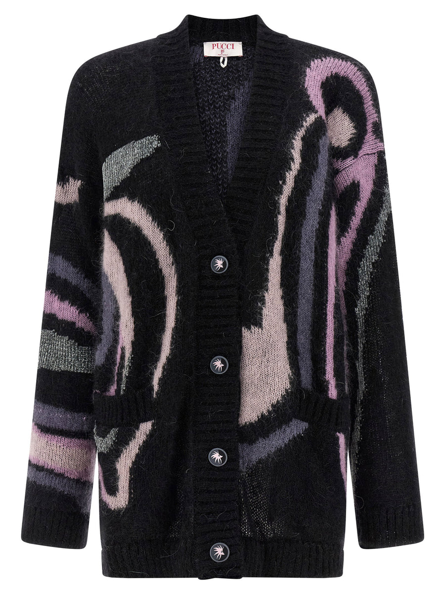 Emilio Pucci Marmo Cardigan For Women Luxe Mohair Knit With Marmo Print V Neck Front Button Pockets