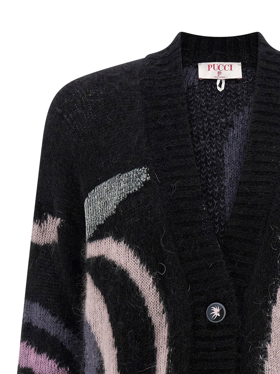 Emilio Pucci Marmo Cardigan For Women Luxe Mohair Knit With Marmo Print V Neck Front Button Pockets