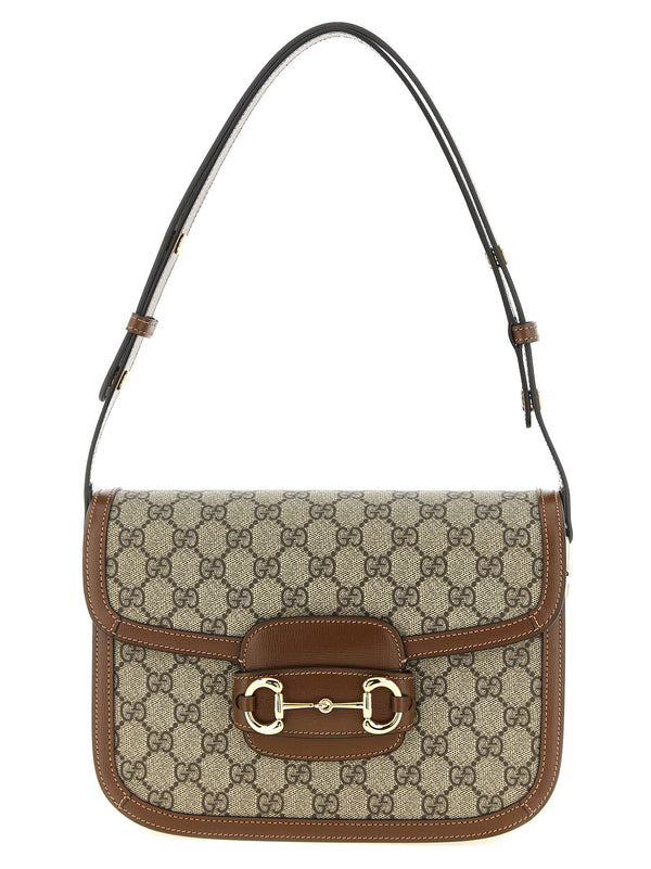 Gucci Horsebit 1955 Shoulder Bag Brown Calfskin Leather Beige Ebony GG Supreme