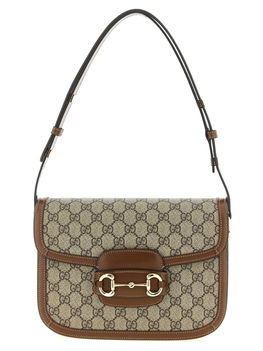 Gucci Horsebit 1955 Shoulder Bag Brown Calfskin Leather Beige Ebony GG Supreme