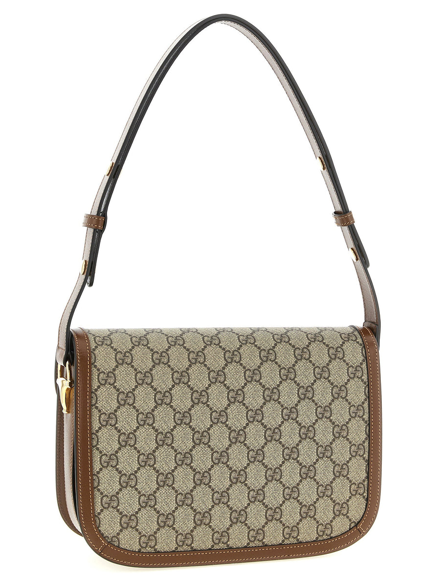 Gucci Horsebit 1955 Shoulder Bag Brown Calfskin Leather Beige Ebony GG Supreme