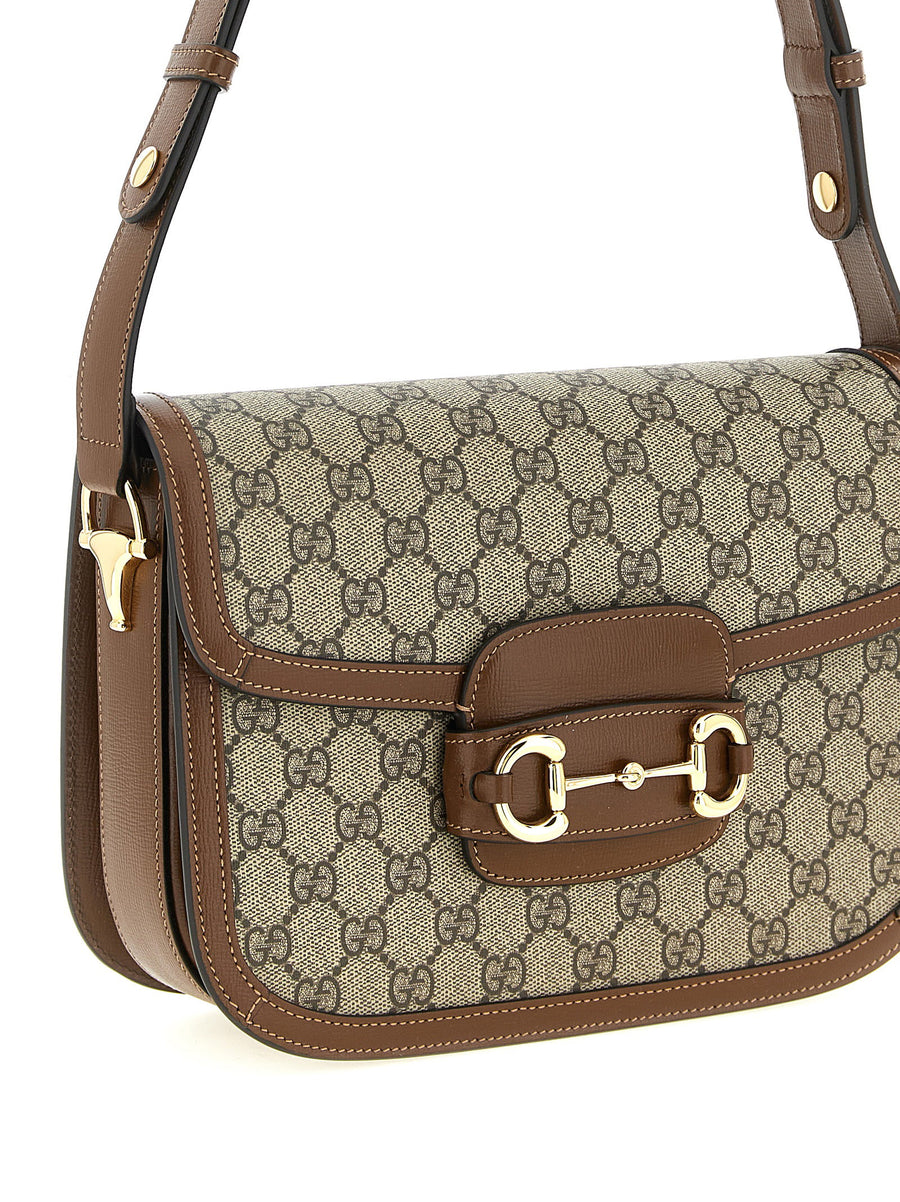 Gucci Horsebit 1955 Shoulder Bag Brown Calfskin Leather Beige Ebony GG Supreme