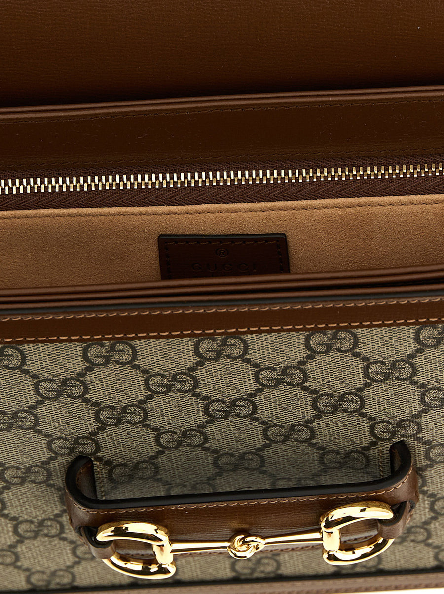 Gucci Horsebit 1955 Shoulder Bag Brown Calfskin Leather Beige Ebony GG Supreme