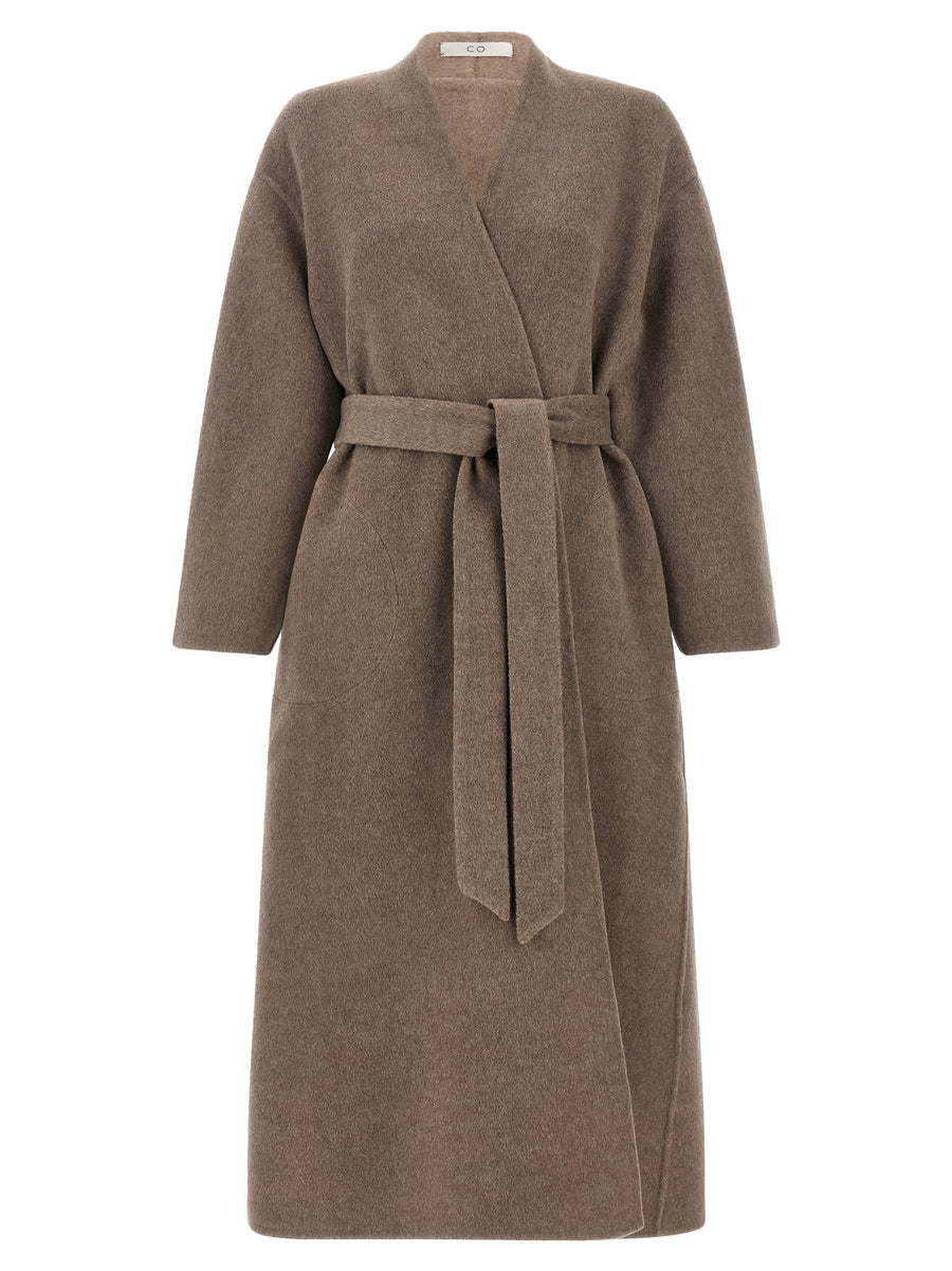 Brown Pure Wool Double Wrap Coat For Women With Relaxed Fit And Deep V Neck
