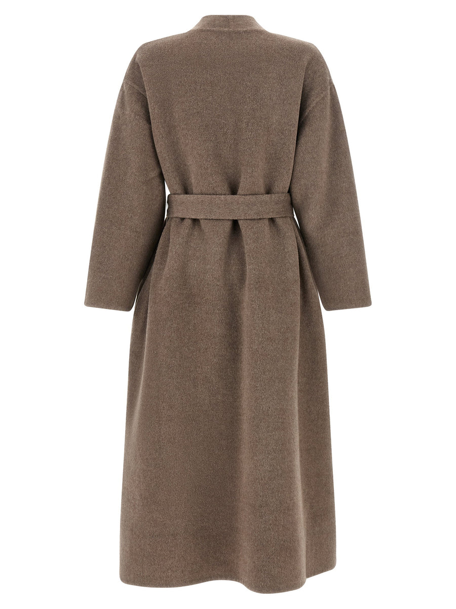 Brown Pure Wool Double Wrap Coat For Women With Relaxed Fit And Deep V Neck
