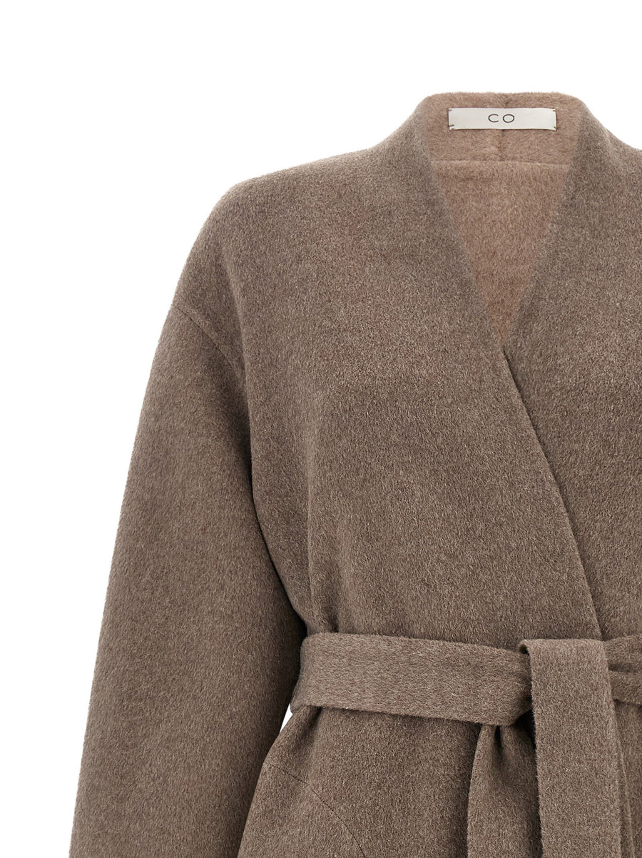 Brown Pure Wool Double Wrap Coat For Women With Relaxed Fit And Deep V Neck