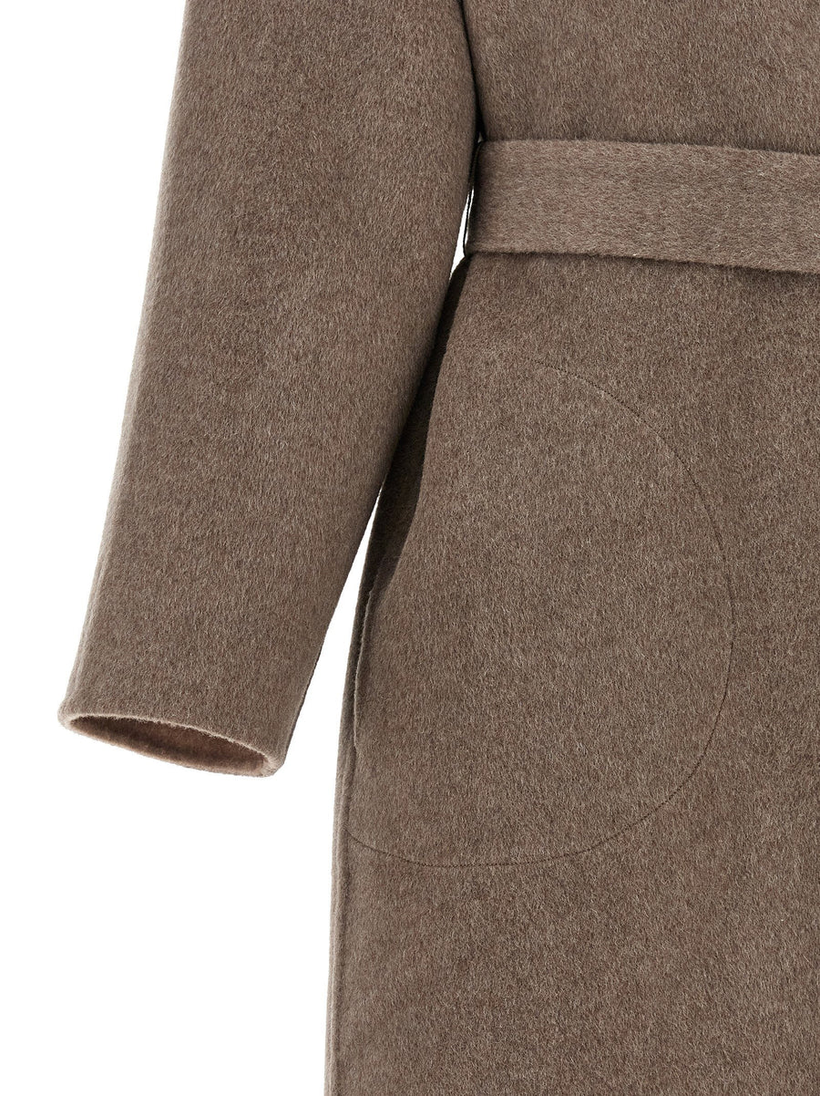 Brown Pure Wool Double Wrap Coat For Women With Relaxed Fit And Deep V Neck