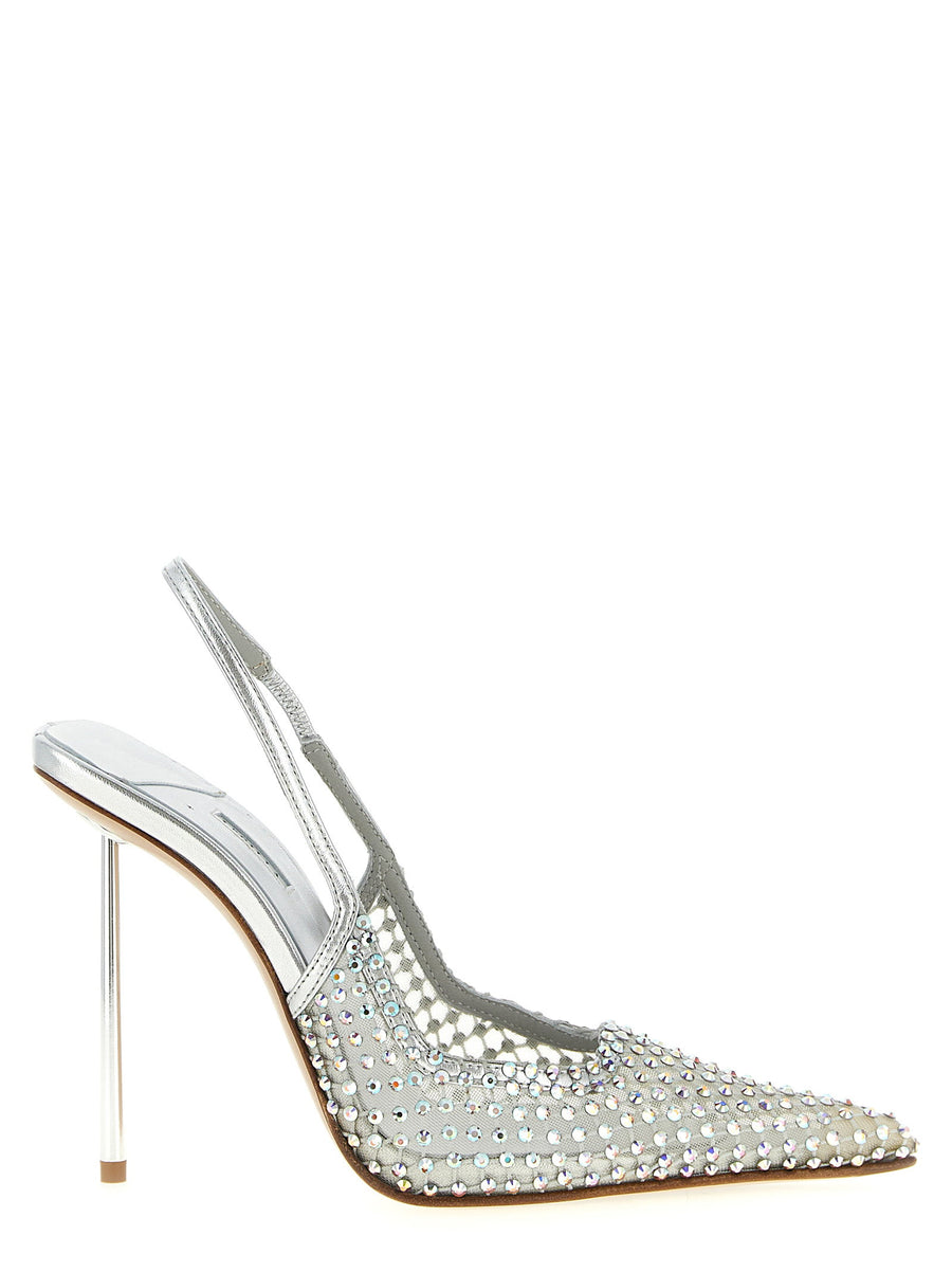 Le Silla Gilda Slingback Pumps Sparkling Silver Mesh With Rhinestones For Elegant Evening Looks