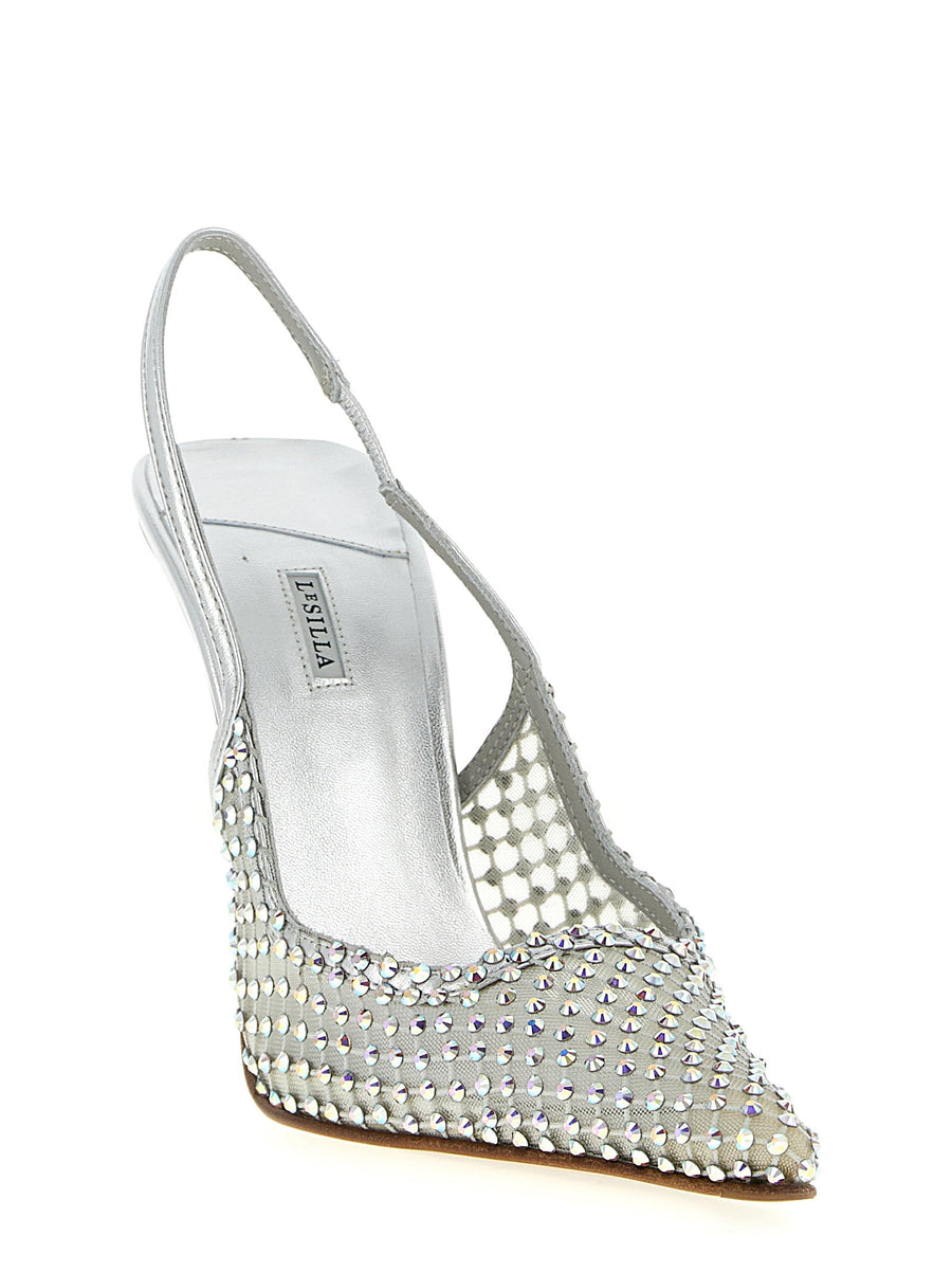 Le Silla Gilda Slingback Pumps Sparkling Silver Mesh With Rhinestones For Elegant Evening Looks