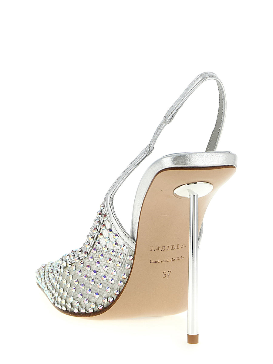 Le Silla Gilda Slingback Pumps Sparkling Silver Mesh With Rhinestones For Elegant Evening Looks