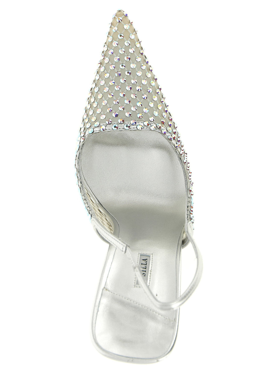 Le Silla Gilda Slingback Pumps Sparkling Silver Mesh With Rhinestones For Elegant Evening Looks