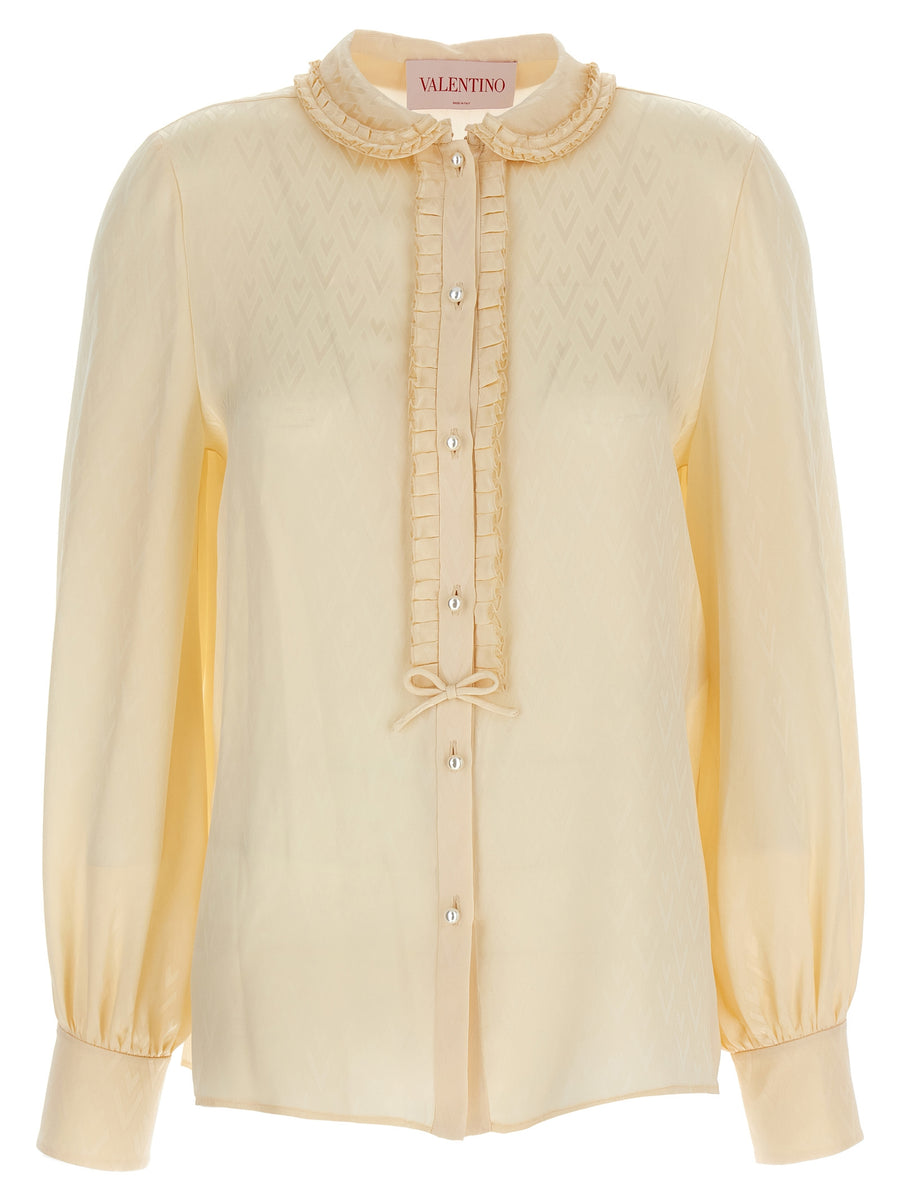 Valentino Garavani Luxurious Silk Jacquard Blouse For Women Beige Allover Toute La V Detail
