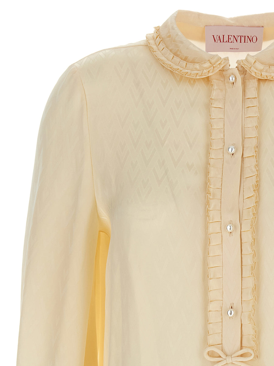 Valentino Garavani Luxurious Silk Jacquard Blouse For Women Beige Allover Toute La V Detail