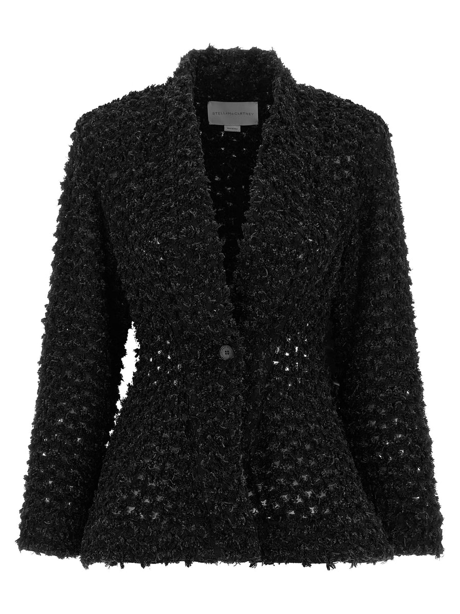 Stella McCartney Bouclé Blazer for Women, Luxurious Black Cotton Denim, Flattering Hourglass Silhouette with Peplums
