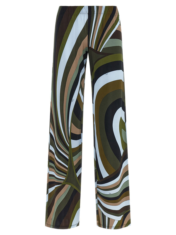 Emilio Pucci Iride Print Flared Viscose Satin Jersey Pants Elastic Waist