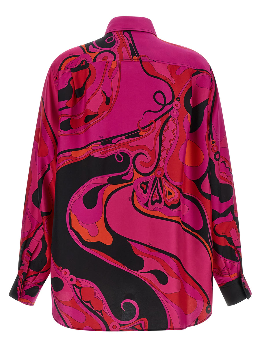 Emilio Pucci Silk Shirt For Women With Allover Pucci Print Front Button Luxury Silk Twill