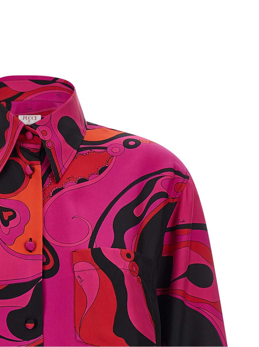 Emilio Pucci Silk Shirt For Women With Allover Pucci Print Front Button Luxury Silk Twill