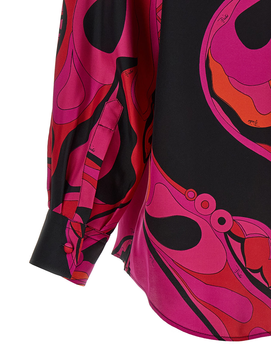 Emilio Pucci Silk Shirt For Women With Allover Pucci Print Front Button Luxury Silk Twill