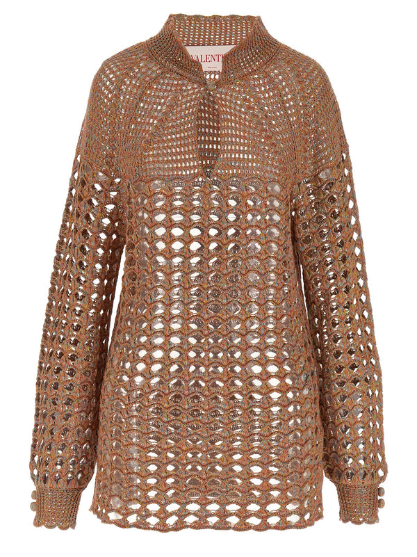 Valentino Garavani Openwork Knit Top for Women Multicolor Linen Cotton with Button Collar