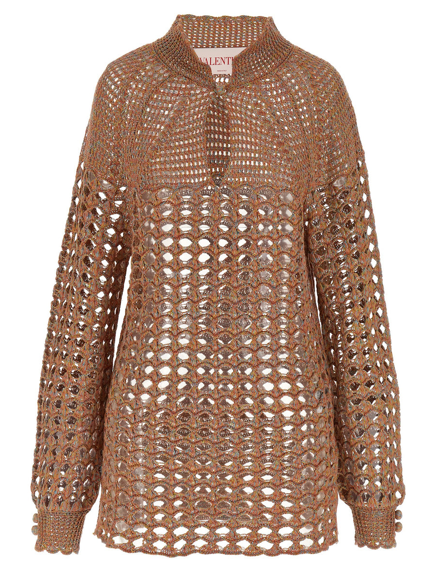 Valentino Garavani Openwork Knit Top for Women Multicolor Linen Cotton with Button Collar