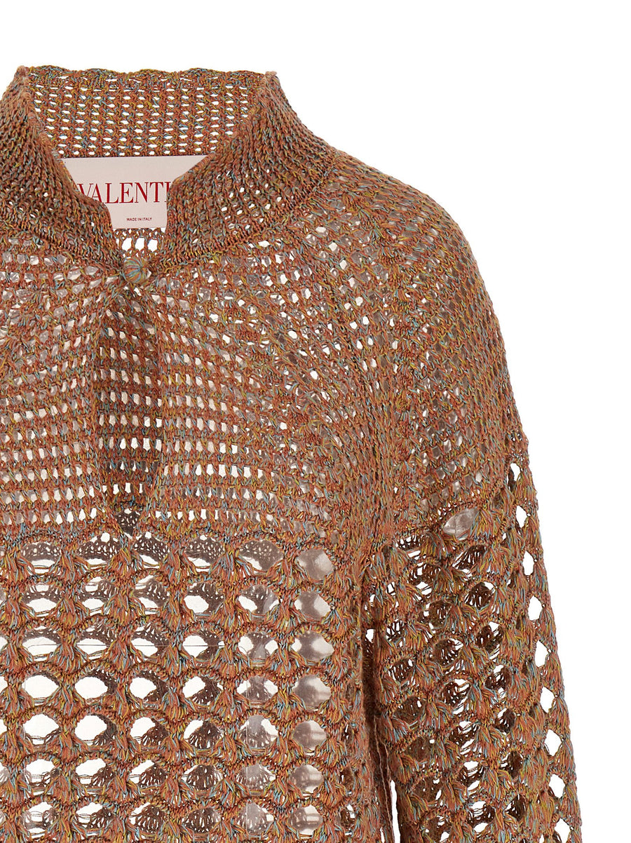 Valentino Garavani Openwork Knit Top for Women Multicolor Linen Cotton with Button Collar