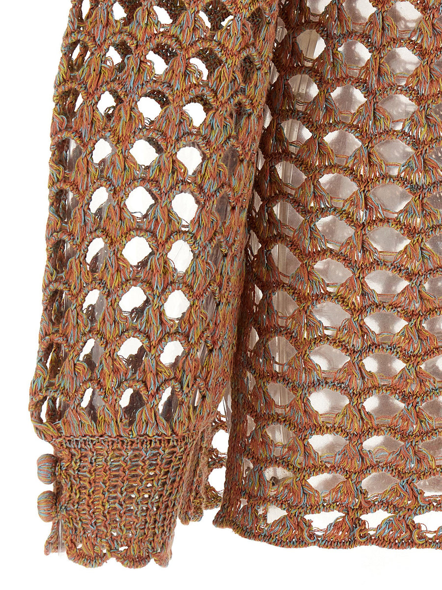 Valentino Garavani Openwork Knit Top for Women Multicolor Linen Cotton with Button Collar