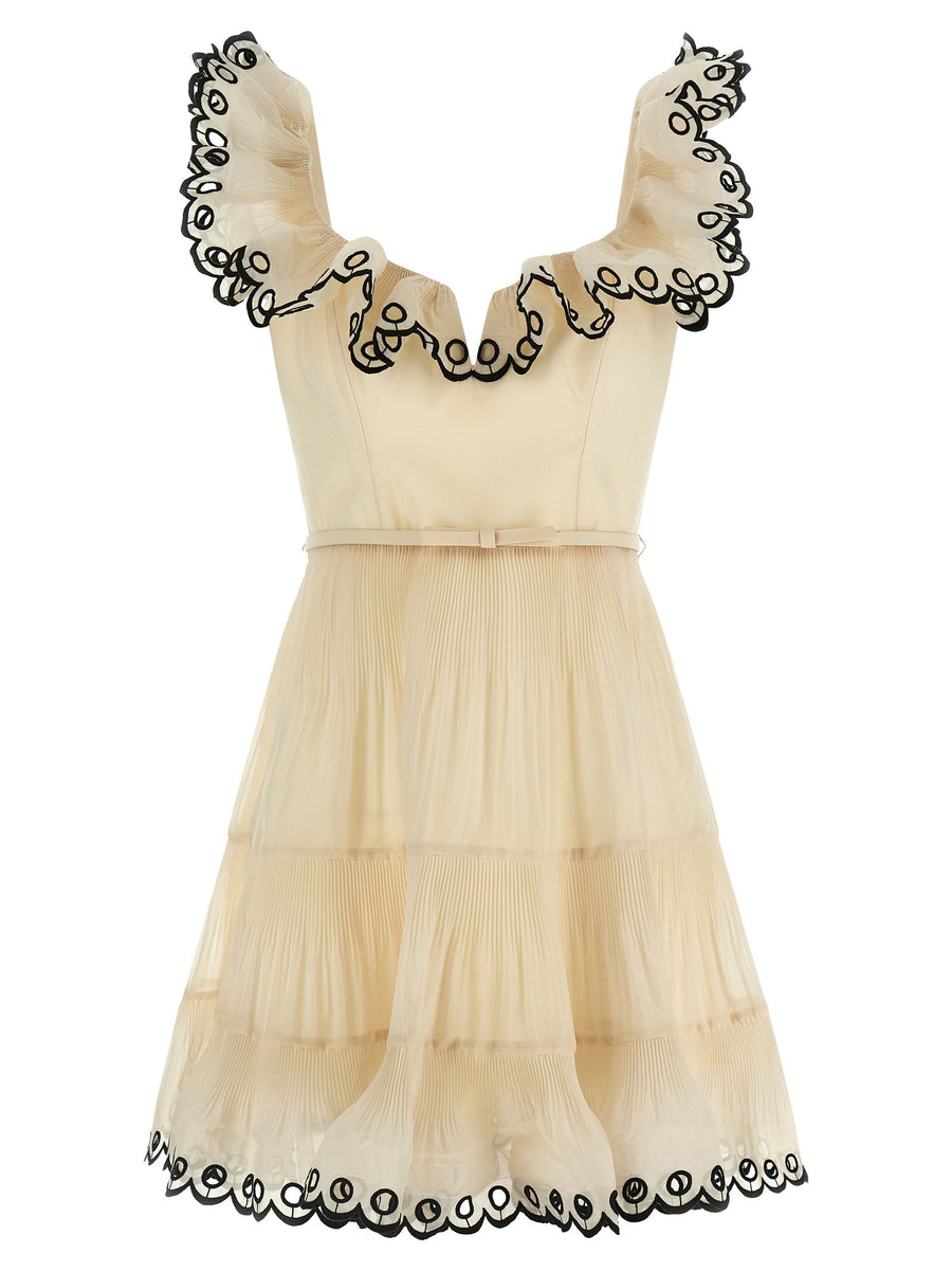 Zimmermann Embroidered Frilled Mini Dress For Women Beige Dressy Day To Night Romantic