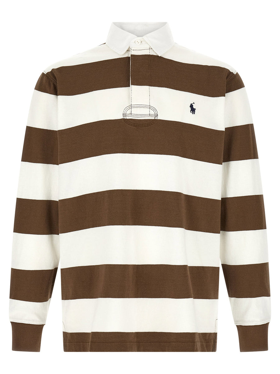 Polo Ralph Lauren Iconic Striped Rugby Polo Shirt Brown 100 Percent Cotton
