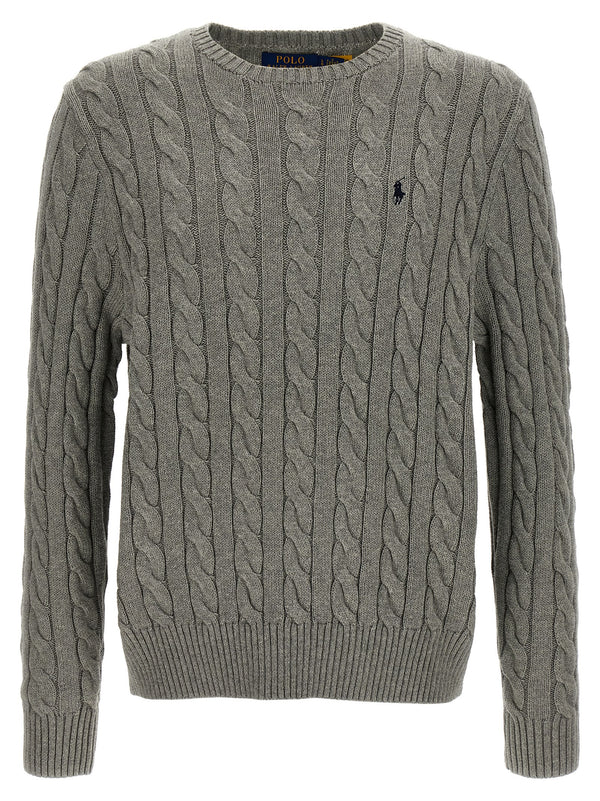 Polo Ralph Lauren Cotton Braided Sweater For Men Textured Gray Knit Front Logo Embroidery Premium Style