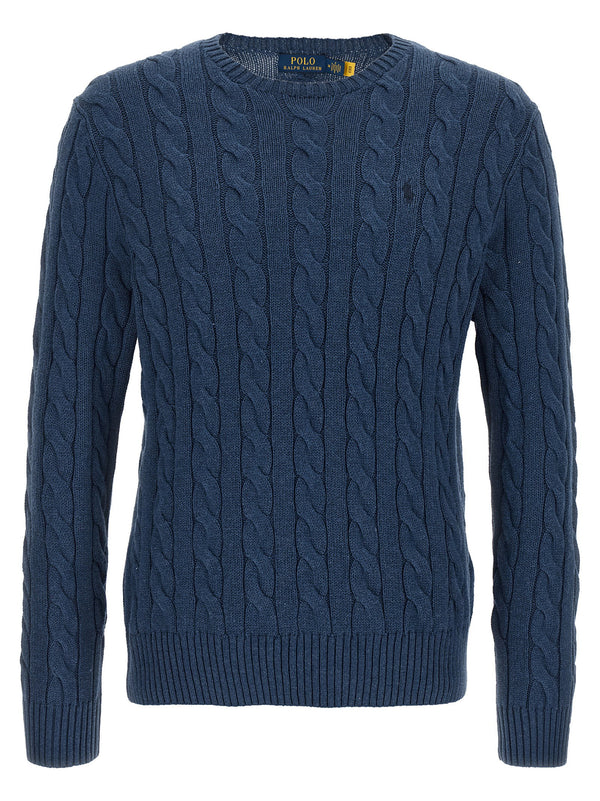 Polo Ralph Lauren Cotton Braided Sweater For Men Blue 100 Percent Cotton Texture Braids Front Logo Embroidery