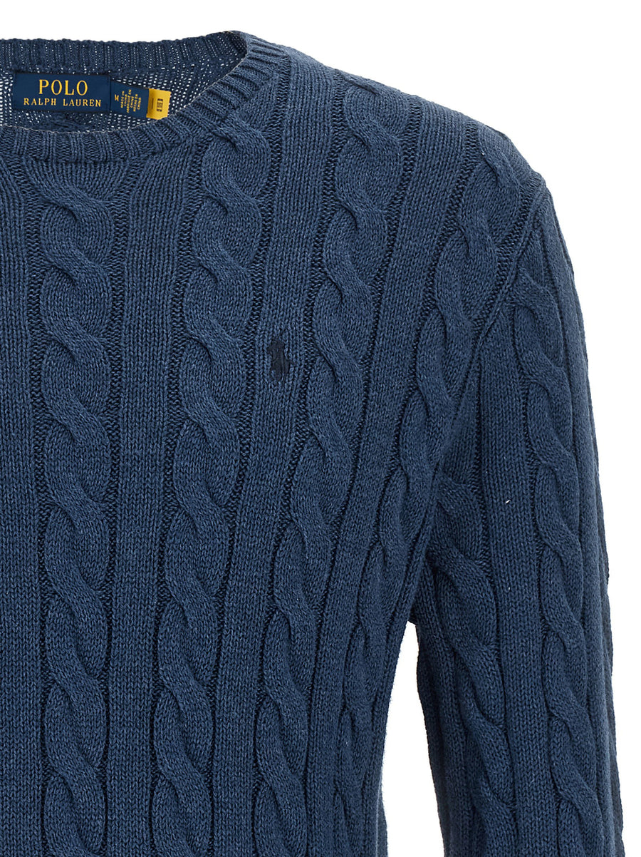 Polo Ralph Lauren Cotton Braided Sweater For Men Blue 100 Percent Cotton Texture Braids Front Logo Embroidery