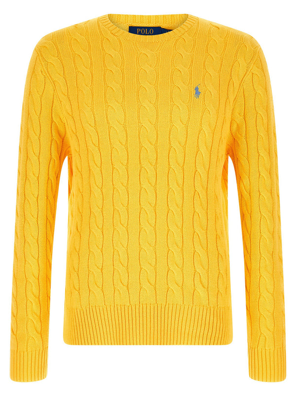 Polo Ralph Lauren Premium Cotton Braided Sweater For Men Yellow Crew Neck With Logo Embroidery