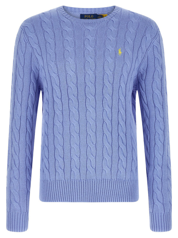 Polo Ralph Lauren Light Blue 100 Percent Cotton Braided Knit Sweater For Men Front Logo Embroidery