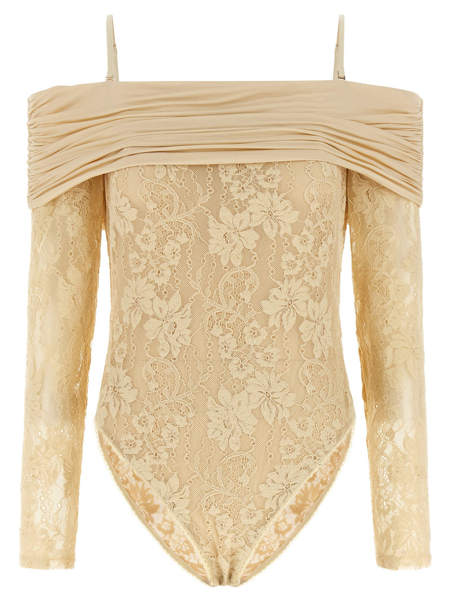 Zimmermann Rebellion Beige Stretch Lace Off Shoulder Bodysuit With Mesh