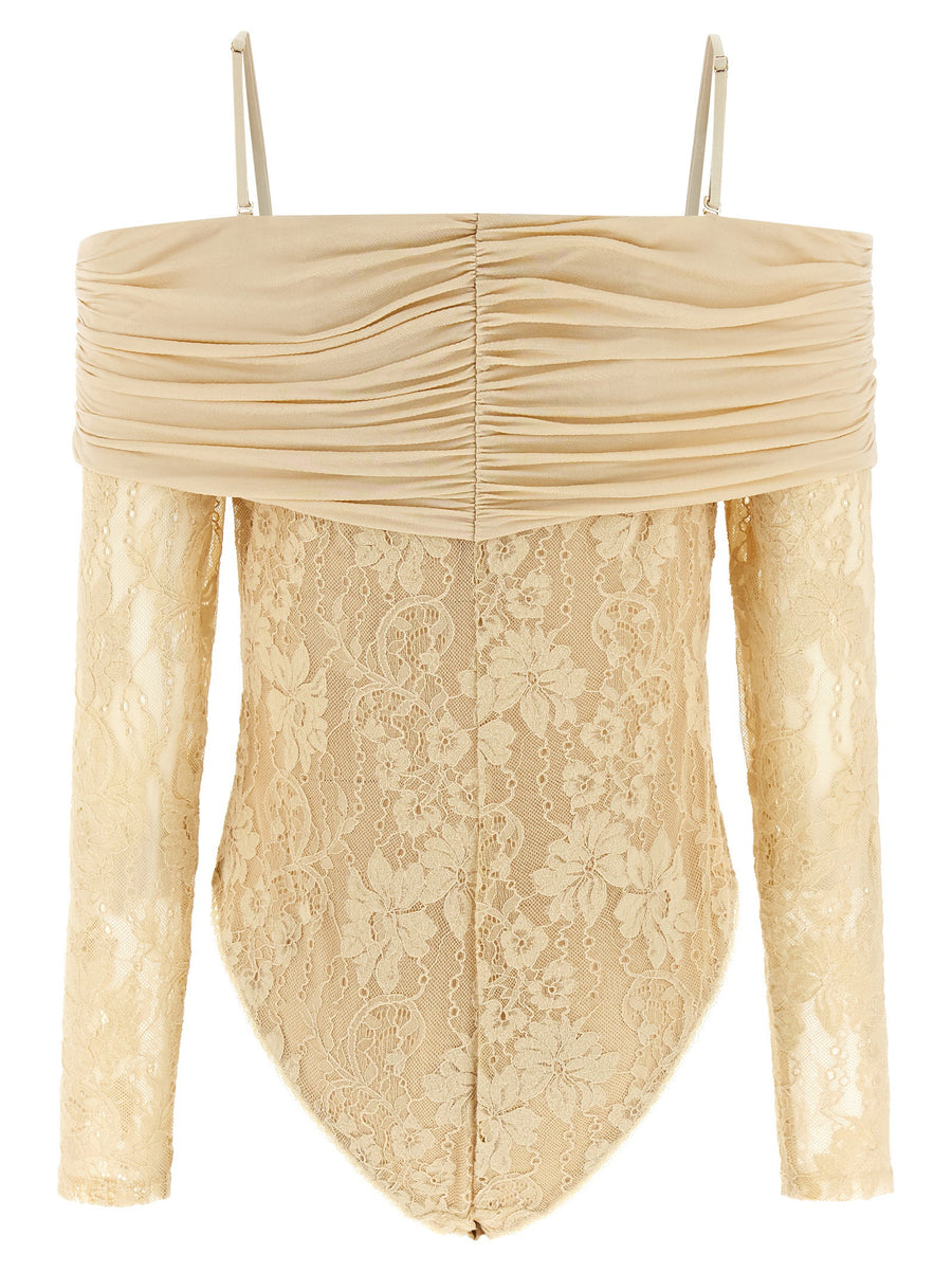 Zimmermann Rebellion Beige Stretch Lace Off Shoulder Bodysuit With Mesh