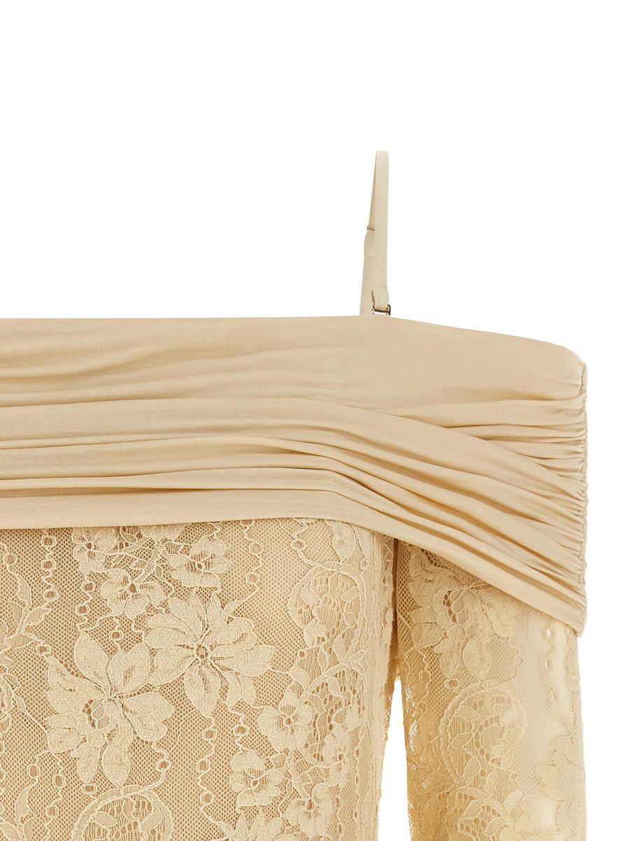 Zimmermann Rebellion Beige Stretch Lace Off Shoulder Bodysuit With Mesh