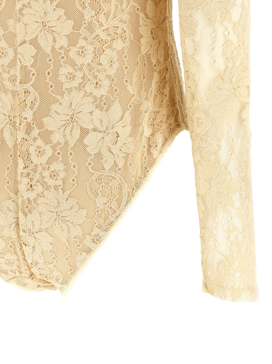 Zimmermann Rebellion Beige Stretch Lace Off Shoulder Bodysuit With Mesh