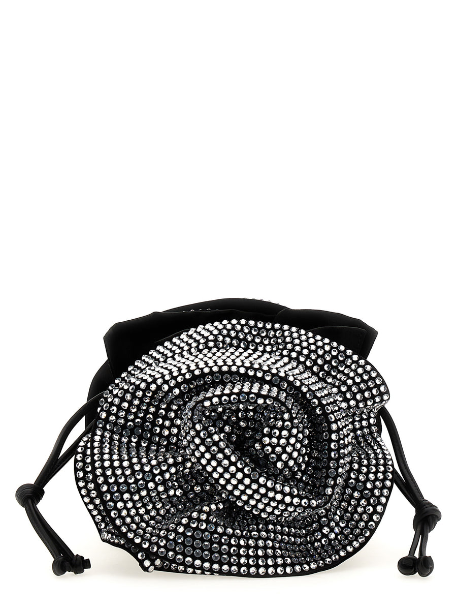Magda Butrym Magda Crossbody Bag Black Satin With Crystal Flowers Drawstring Closure Luxury Evening Bag Women