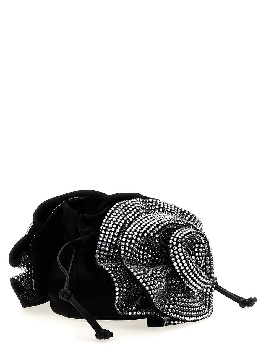 Magda Butrym Magda Crossbody Bag Black Satin With Crystal Flowers Drawstring Closure Luxury Evening Bag Women