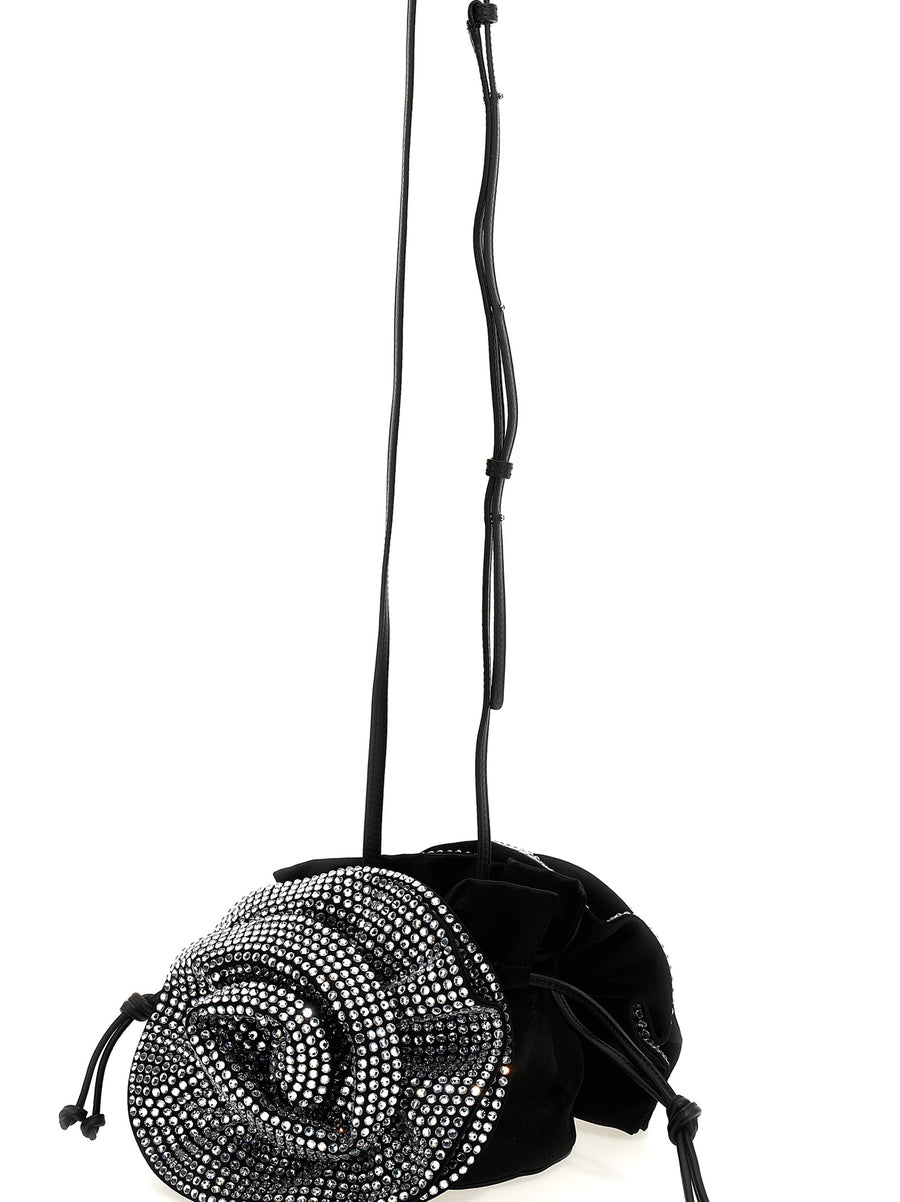 Magda Butrym Magda Crossbody Bag Black Satin With Crystal Flowers Drawstring Closure Luxury Evening Bag Women