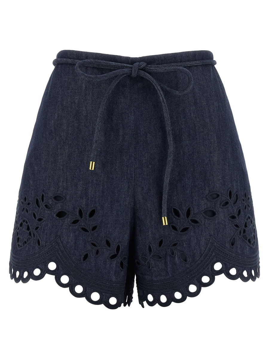 Zimmermann Mahon Blue High Waist Flared Cotton Denim Shorts With Scalloped Hems