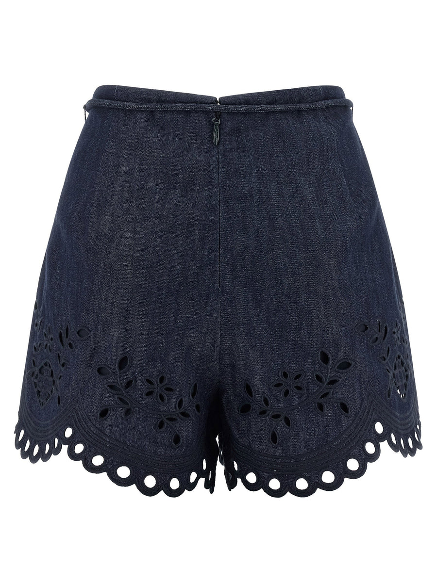 Zimmermann Mahon Blue High Waist Flared Cotton Denim Shorts With Scalloped Hems