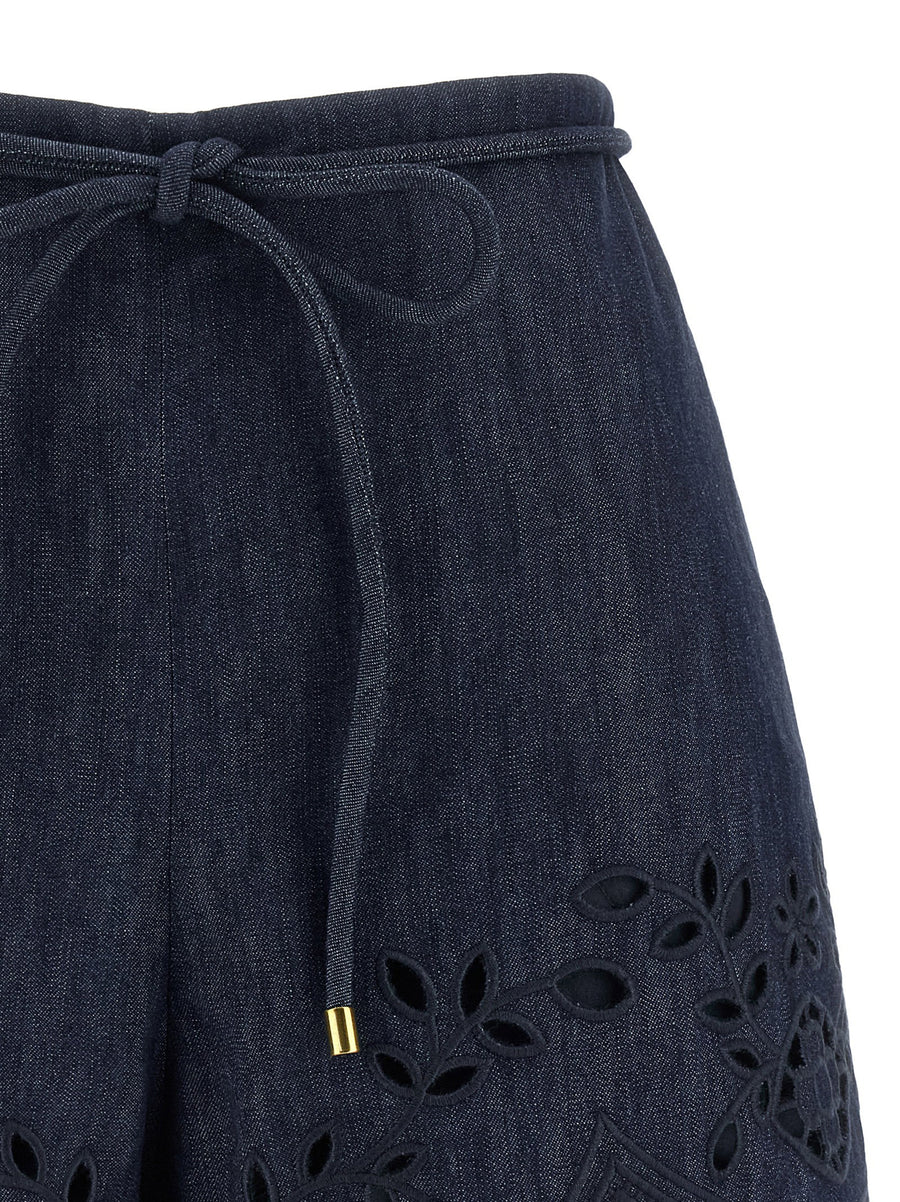 Zimmermann Mahon Blue High Waist Flared Cotton Denim Shorts With Scalloped Hems